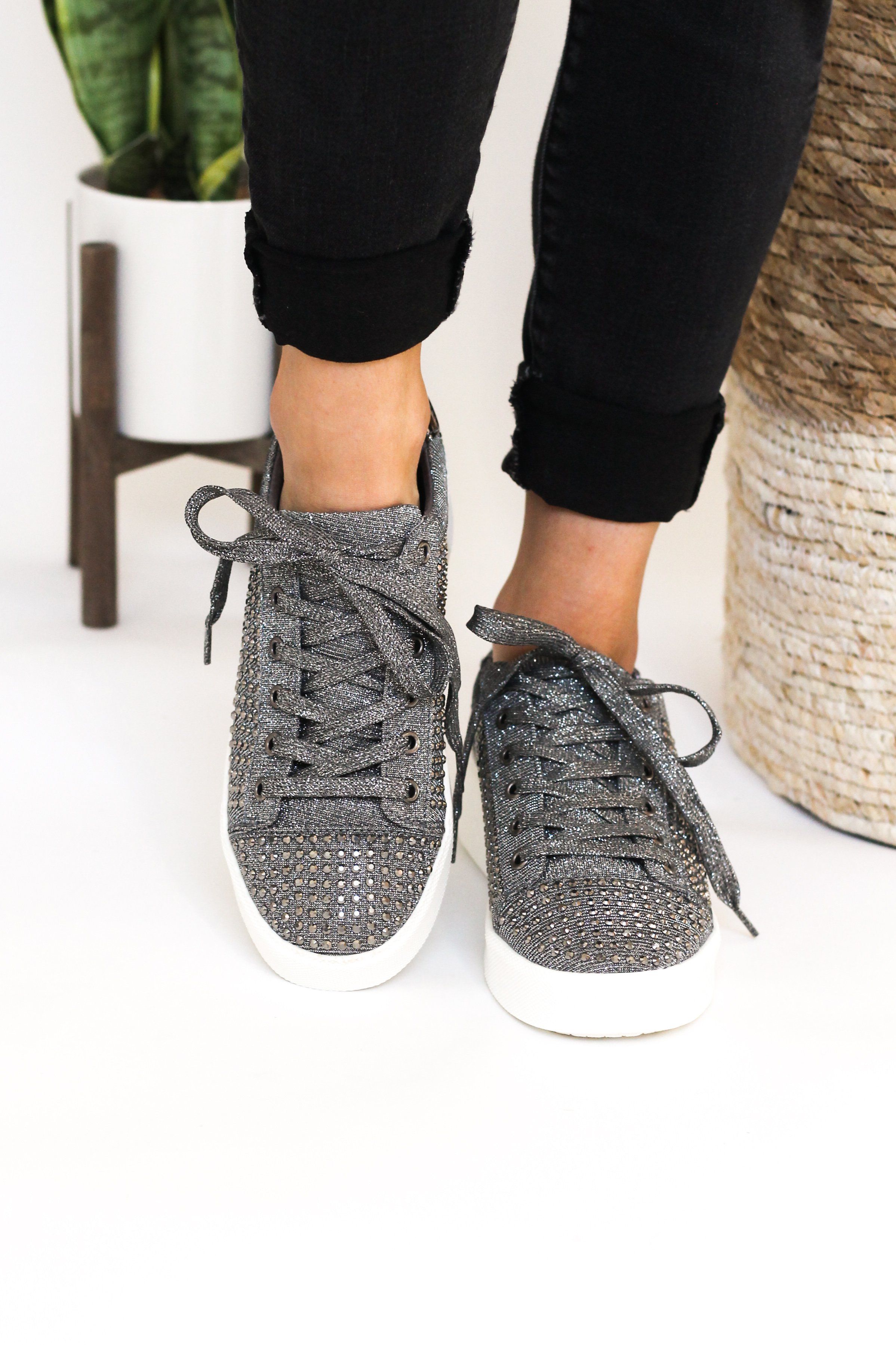 Diva Pewter Rhinestone Sneaker With Metallic Upper Shine Naughty Monkey