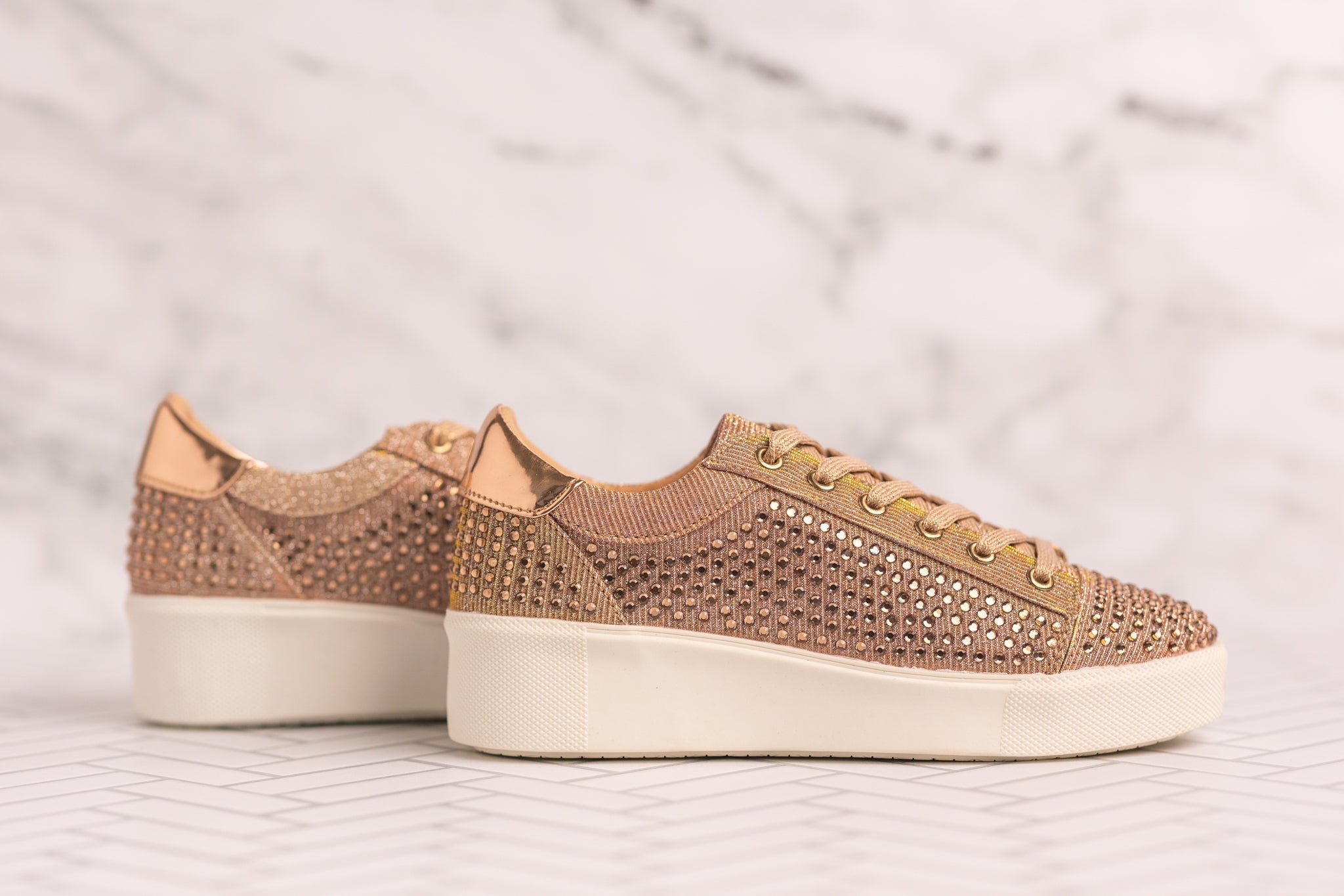 Diva Rose Gold Rhinestone Sneaker With Metallic Finish Naughty Monkey