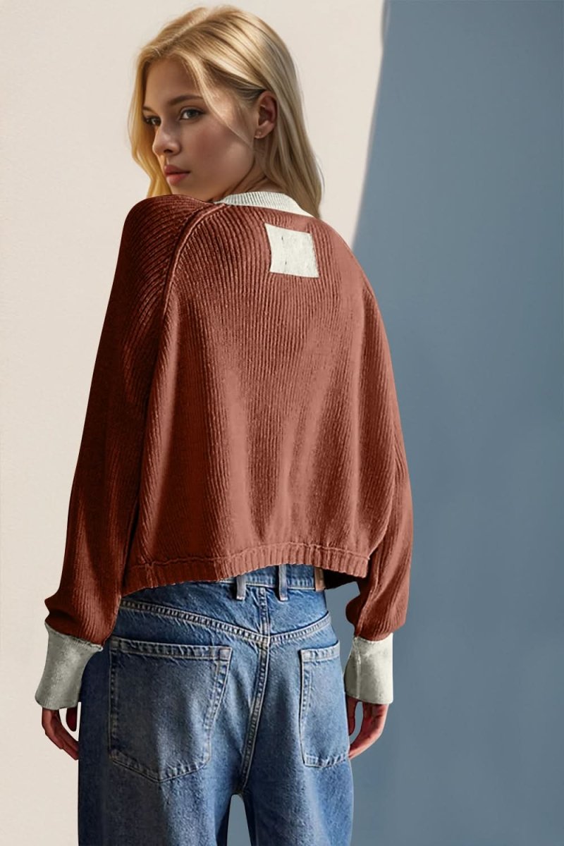 Double Take Contrast Button Up Long Sleeve Cardigan - Love Salve 