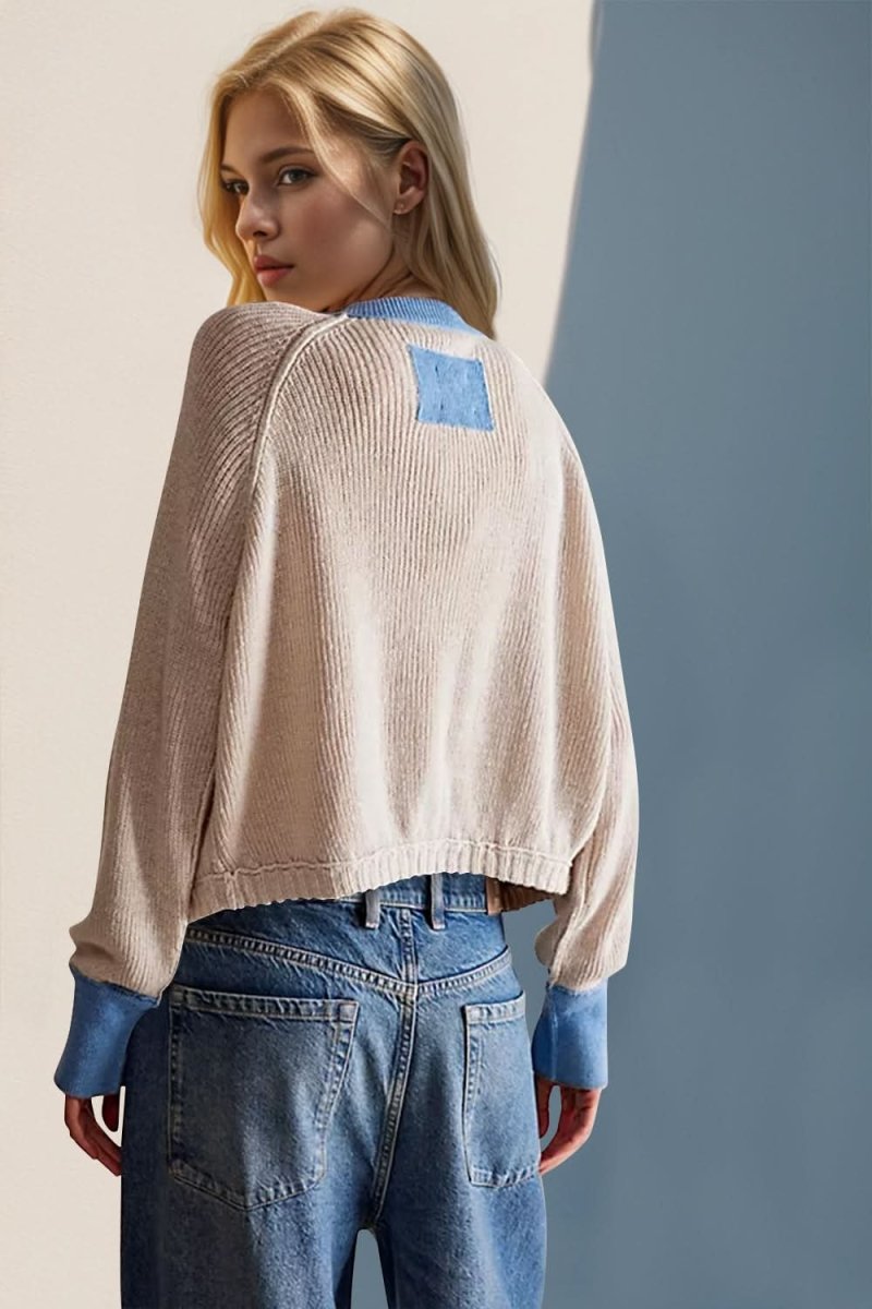 Double Take Contrast Button Up Long Sleeve Cardigan - Love Salve 