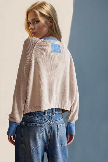 Double Take Contrast Button Up Long Sleeve Cardigan - Love Salve 