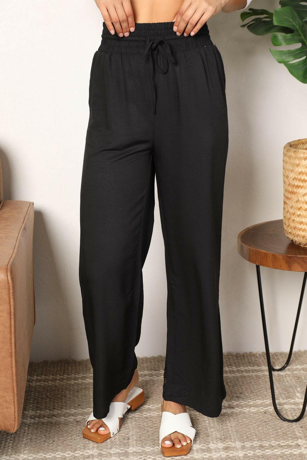 Double Take Drawstring Smocked Waist Wide Leg Pants - Love Salve