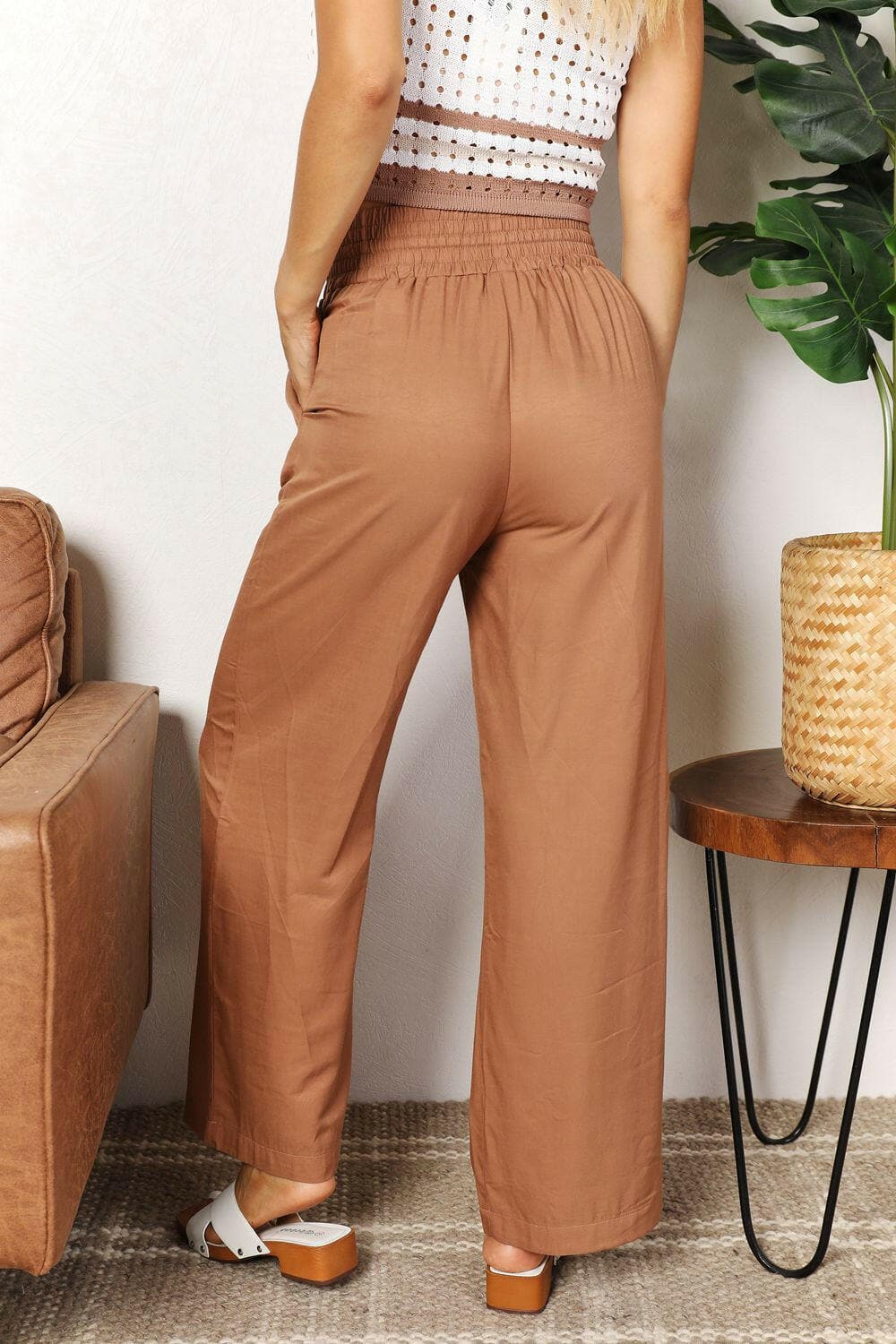 Double Take Drawstring Smocked Waist Wide Leg Pants - Love Salve