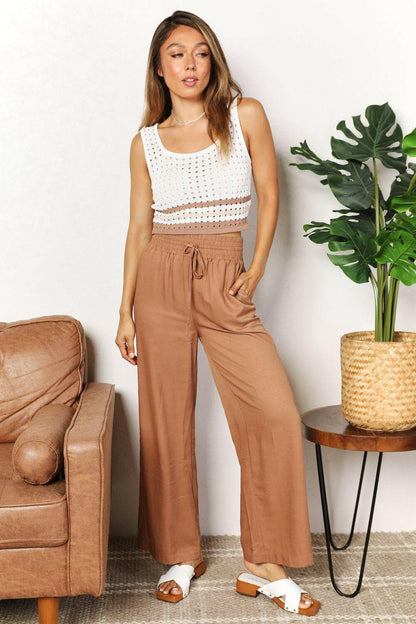 Double Take Drawstring Smocked Waist Wide Leg Pants - Love Salve