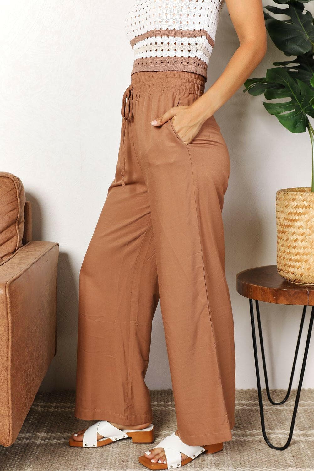 Double Take Drawstring Smocked Waist Wide Leg Pants - Love Salve