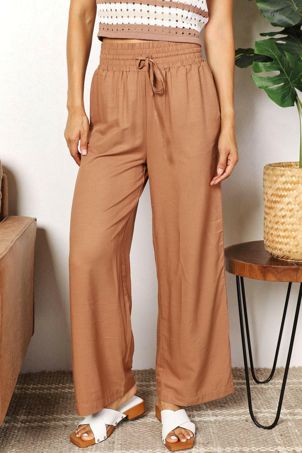 Double Take Drawstring Smocked Waist Wide Leg Pants - Love Salve