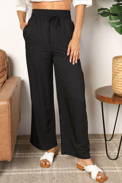 Double Take Drawstring Smocked Waist Wide Leg Pants - Love Salve