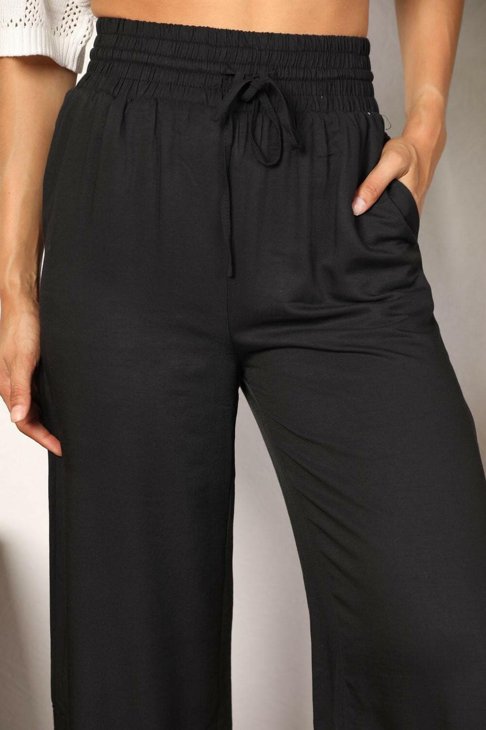 Double Take Drawstring Smocked Waist Wide Leg Pants - Love Salve