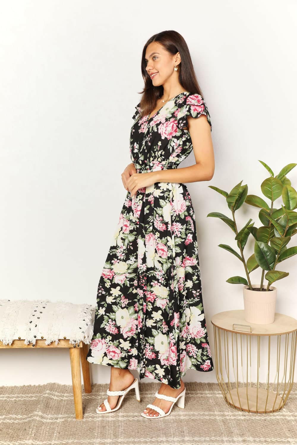 Double Take Floral Flutter Sleeve Tie-Waist Split Dress - Love Salve