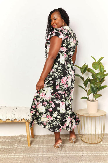 Double Take Floral Flutter Sleeve Tie-Waist Split Dress - Love Salve