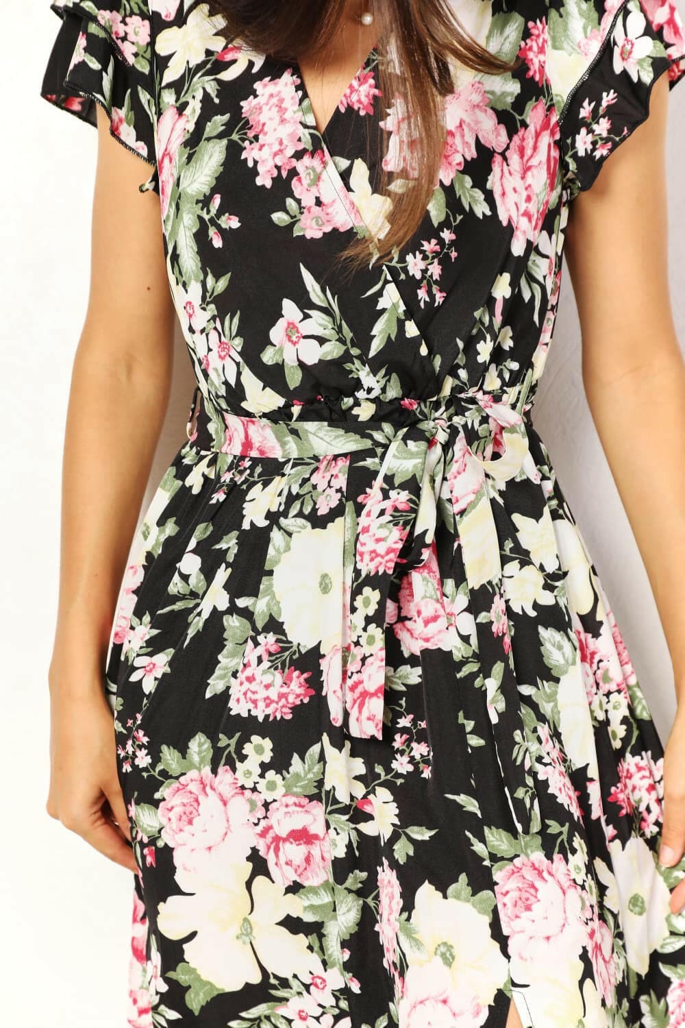 Double Take Floral Flutter Sleeve Tie-Waist Split Dress - Love Salve