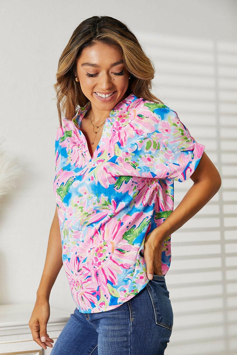 Double Take Floral Notched Neck Short Sleeve Top - Love Salve