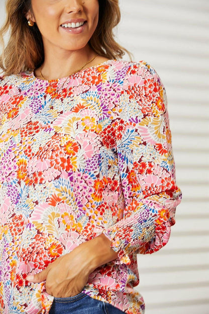 Double Take Floral Print Long Puff Sleeve Blouse - Love Salve