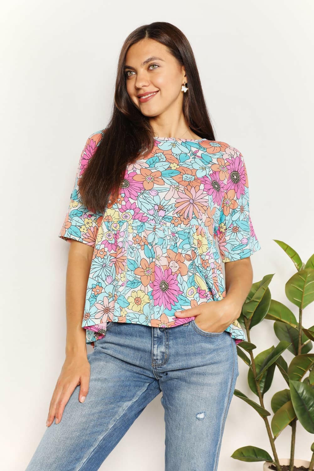 Double Take Floral Round Neck Babydoll Top - Love Salve