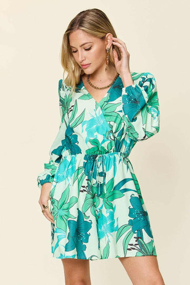 Double Take Full Size Floral Long Sleeve Romper with Pockets - Love Salve