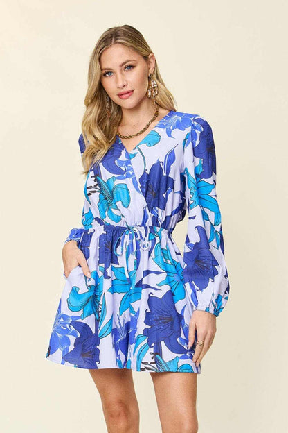 Double Take Full Size Floral Long Sleeve Romper with Pockets - Love Salve