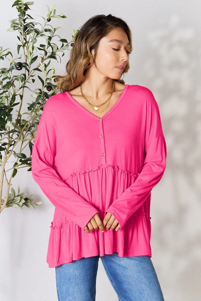 Double Take Half Button Long Sleeve Ruffle Hem Blouse - Love Salve 