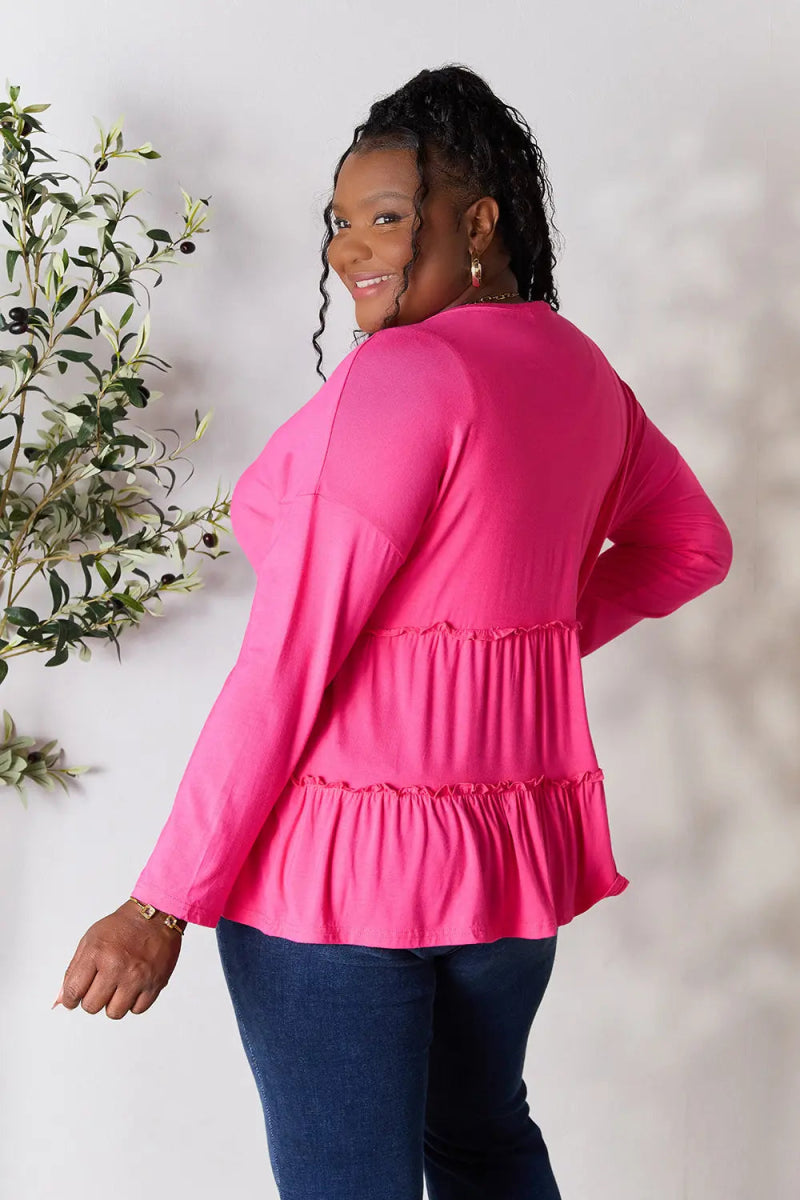 Double Take Half Button Long Sleeve Ruffle Hem Blouse - Love Salve 