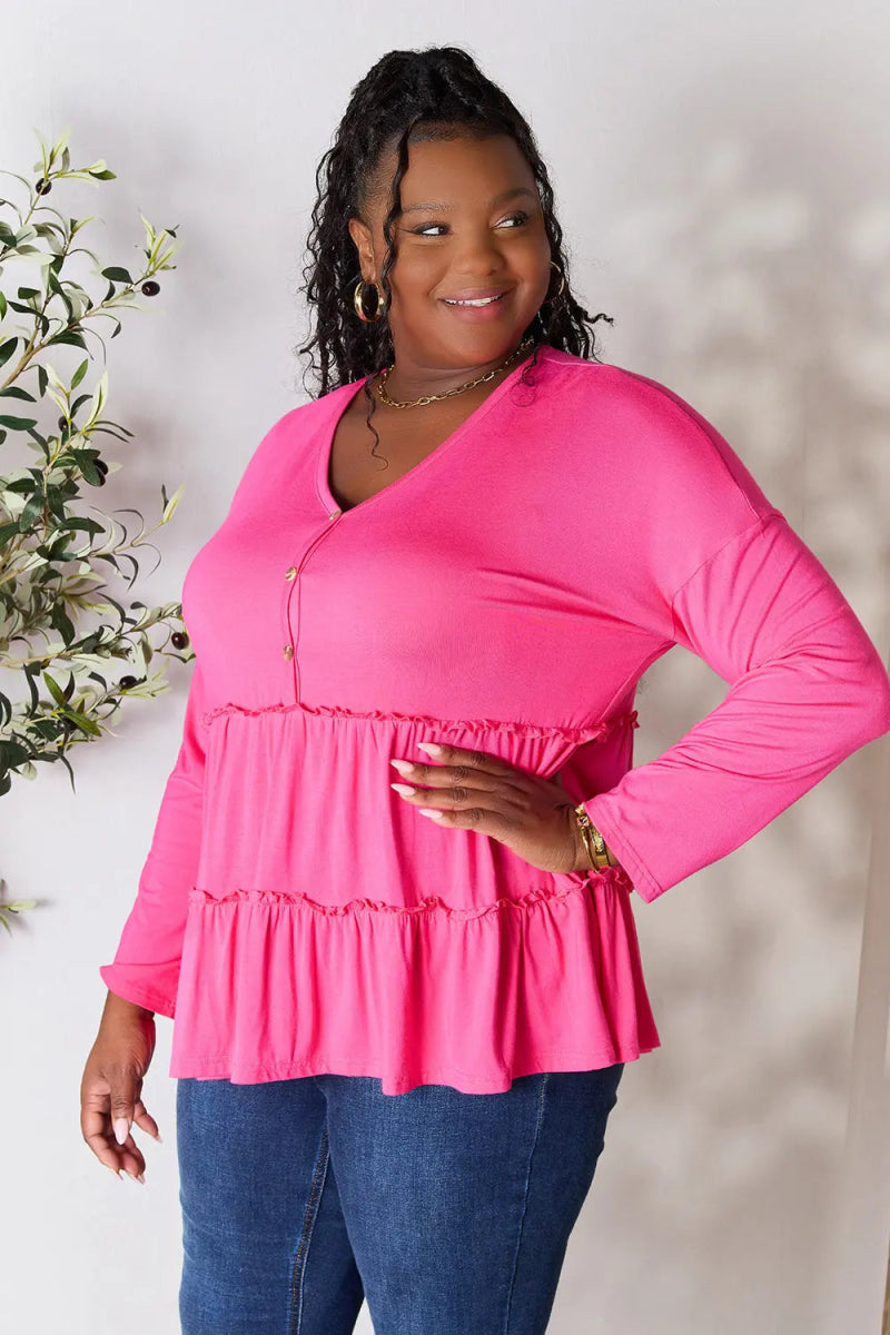 Double Take Half Button Long Sleeve Ruffle Hem Blouse - Love Salve 