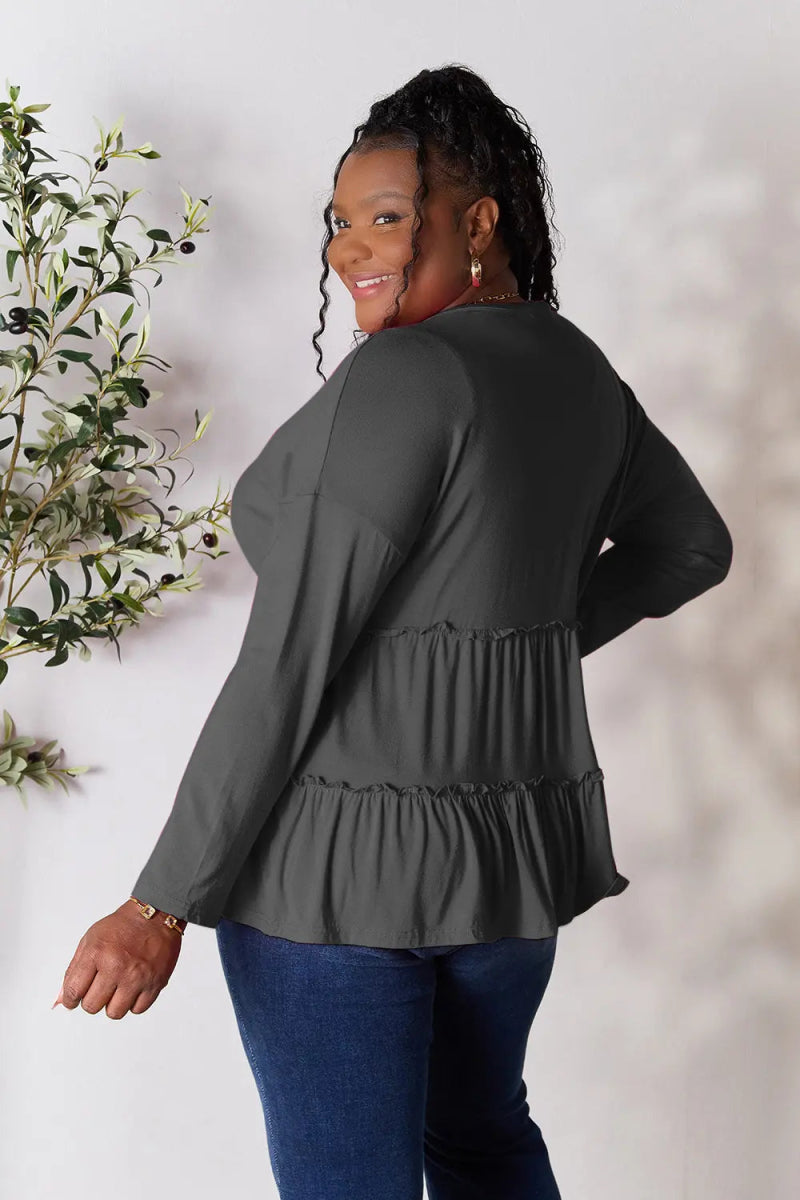 Double Take Half Button Long Sleeve Ruffle Hem Blouse - Love Salve 