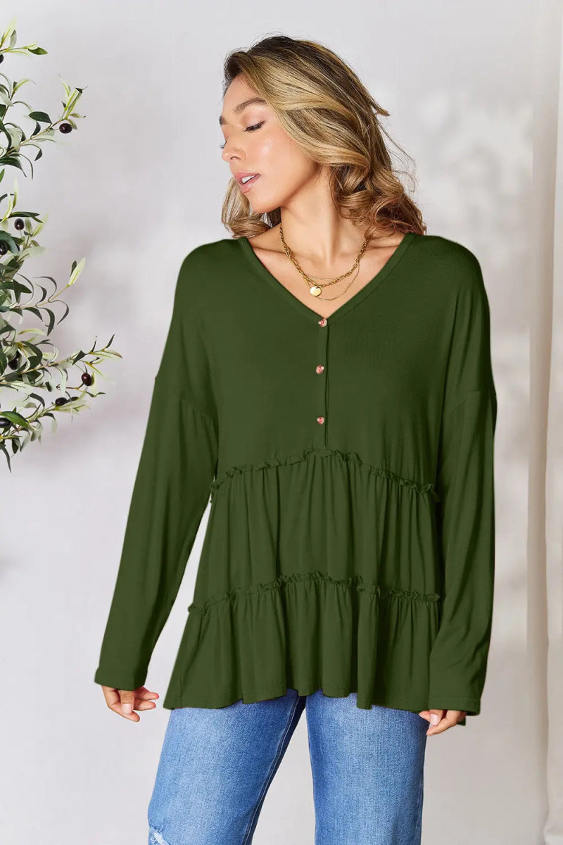 Double Take Half Button Long Sleeve Ruffle Hem Blouse - Love Salve 