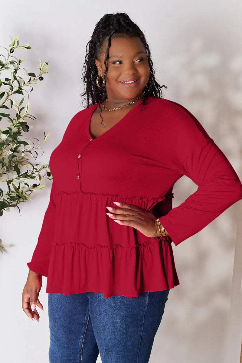 Double Take Half Button Long Sleeve Ruffle Hem Blouse - Love Salve 
