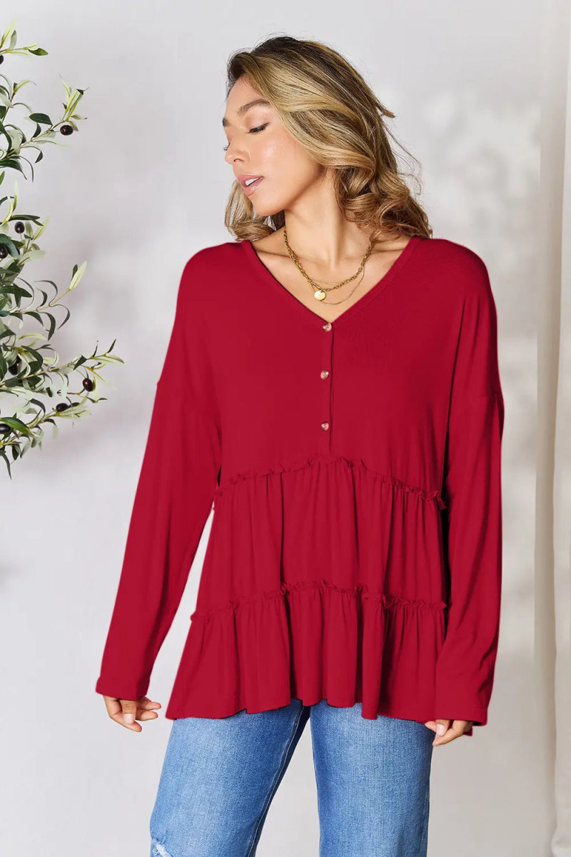 Double Take Half Button Long Sleeve Ruffle Hem Blouse - Love Salve 