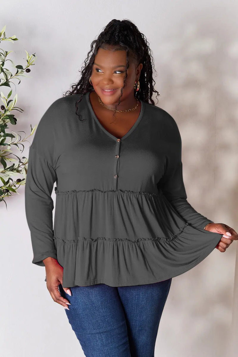Double Take Half Button Long Sleeve Ruffle Hem Blouse - Love Salve 