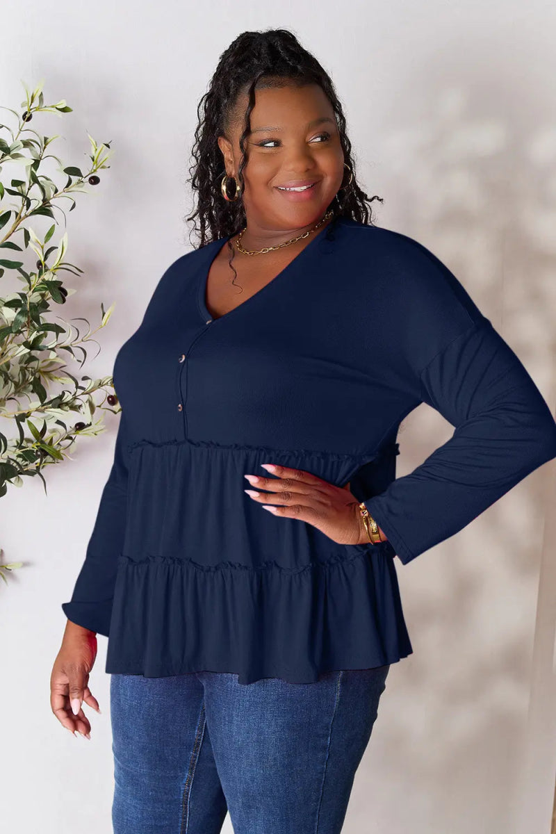 Double Take Half Button Long Sleeve Ruffle Hem Blouse - Love Salve 