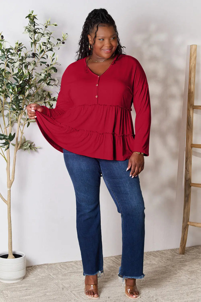 Double Take Half Button Long Sleeve Ruffle Hem Blouse - Love Salve 