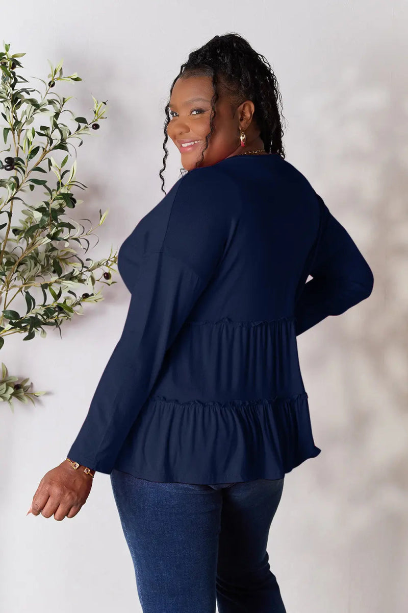 Double Take Half Button Long Sleeve Ruffle Hem Blouse - Love Salve 