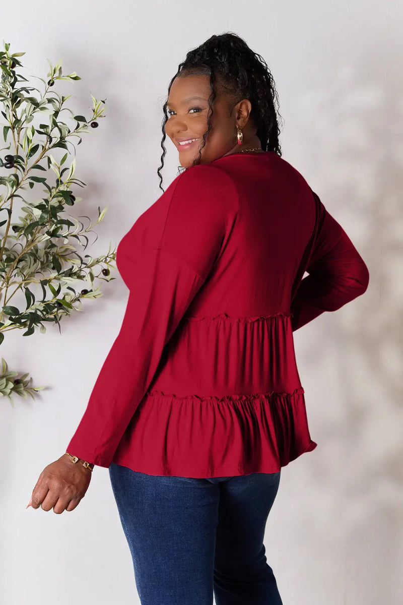 Double Take Half Button Long Sleeve Ruffle Hem Blouse - Love Salve 