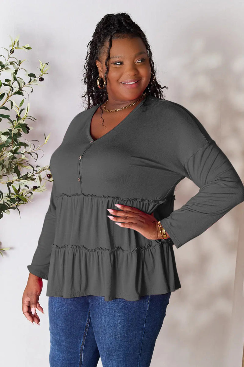 Double Take Half Button Long Sleeve Ruffle Hem Blouse - Love Salve 