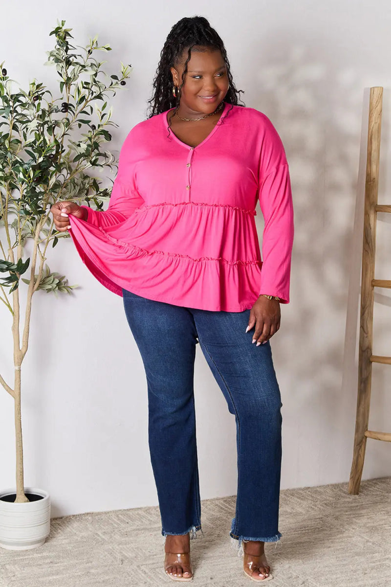 Double Take Half Button Long Sleeve Ruffle Hem Blouse - Love Salve 