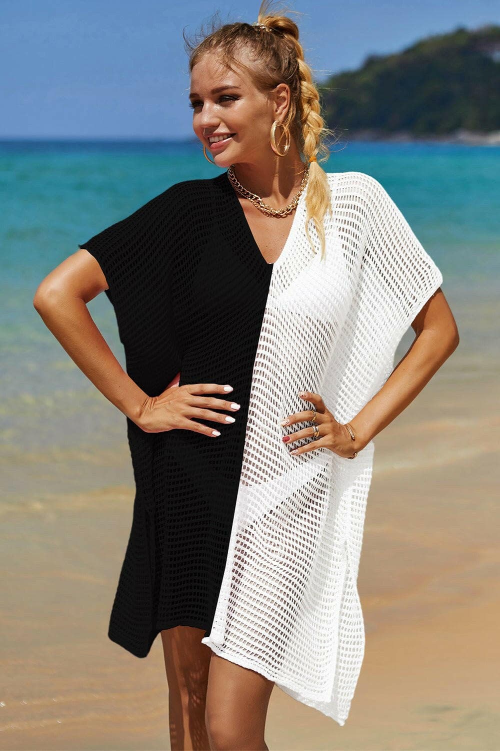 Double Take Openwork Contrast Slit Knit Cover Up - Love Salve