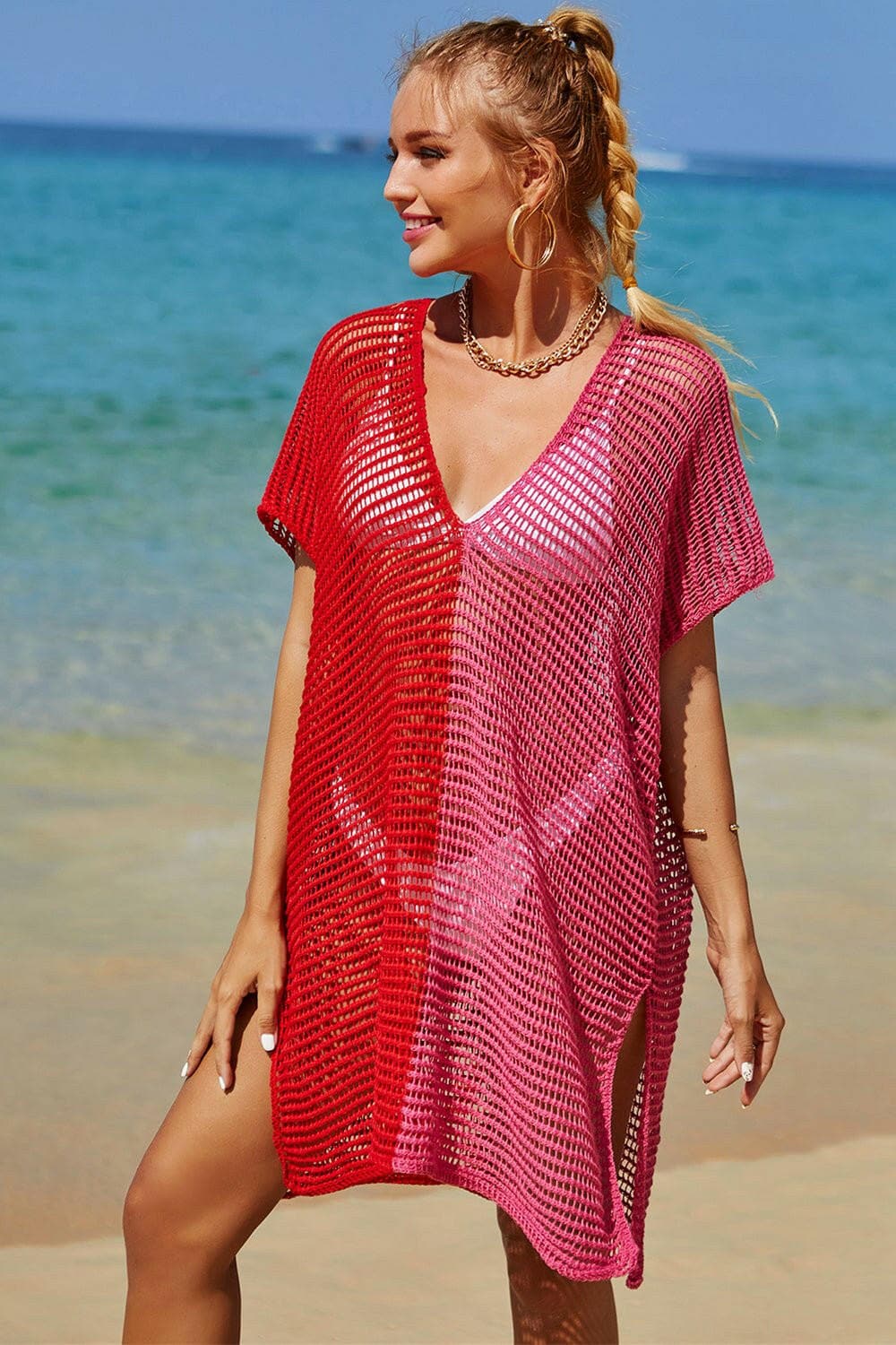 Double Take Openwork Contrast Slit Knit Cover Up - Love Salve