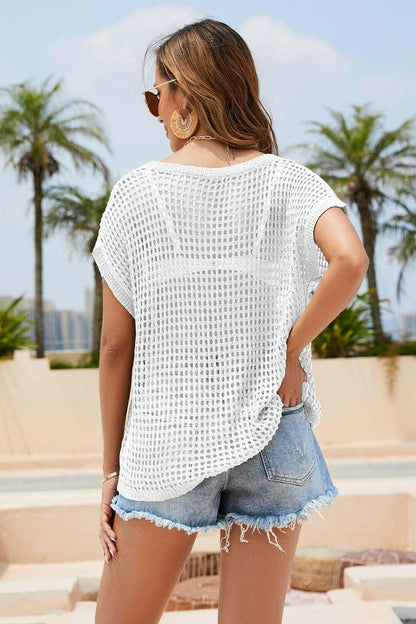 Double Take Openwork Round Neck Short Sleeve Knit Cover Up - Love Salve