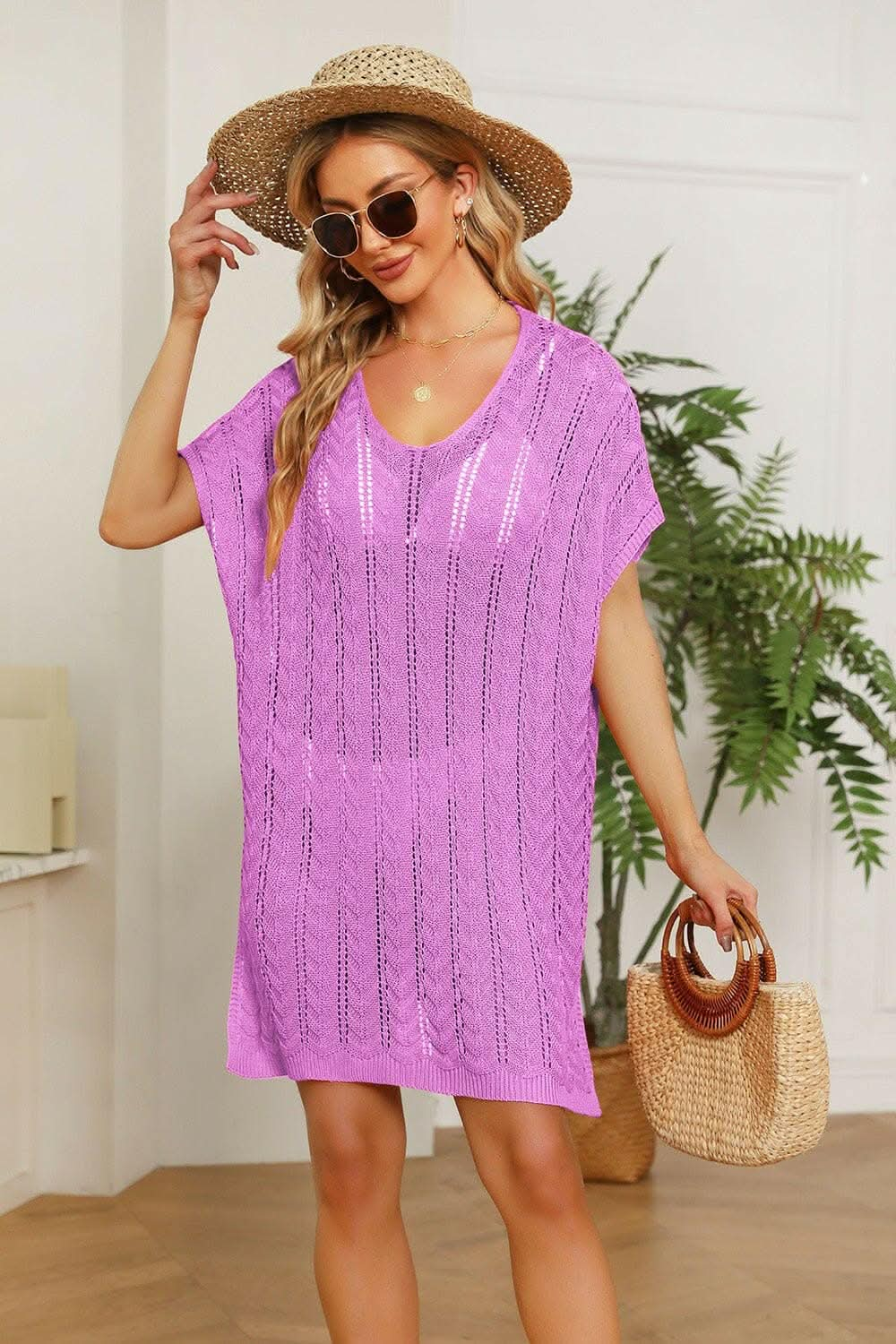 Double Take Openwork Short Sleeve Slit Knit Cover Up - Love Salve