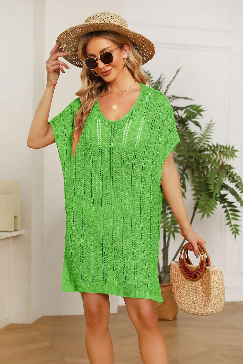 Double Take Openwork Short Sleeve Slit Knit Cover Up - Love Salve