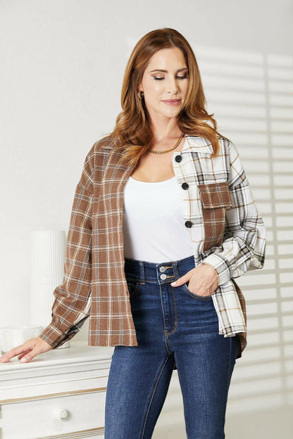 Double Take Plaid Contrast Button Up Shirt JacketElevate Your Wardrobe with the Double Take Plaid Contrast Button Up Shirt Jacket
 Experience the Ultimate Style Statement with our meticulously crafted Double Take PLove Salve Plaid Contrast ButtonTIKTOK