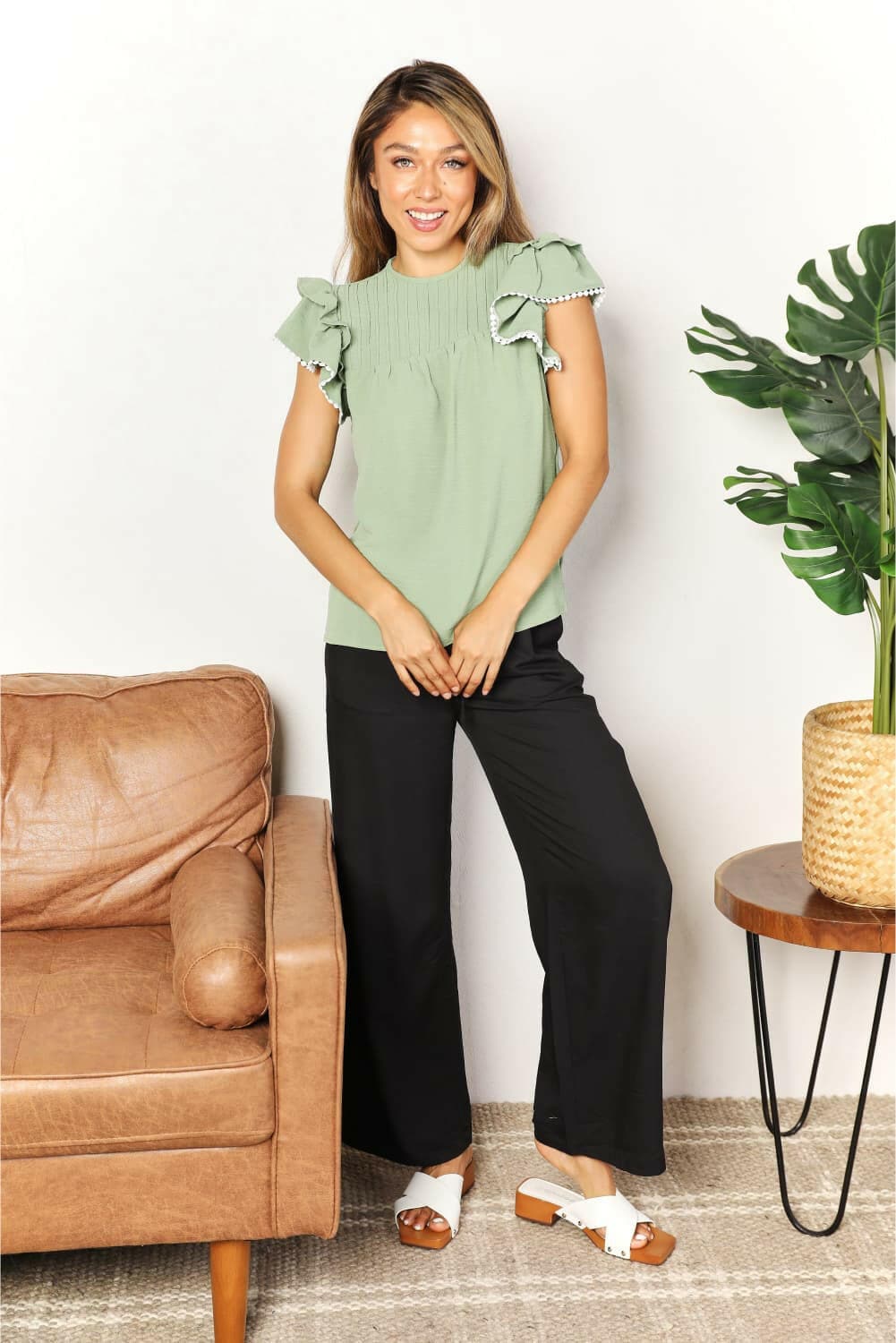 Double Take Pleated Detail Flutter Sleeve Blouse - Love Salve