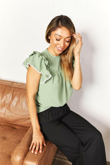 Double Take Pleated Detail Flutter Sleeve Blouse - Love Salve