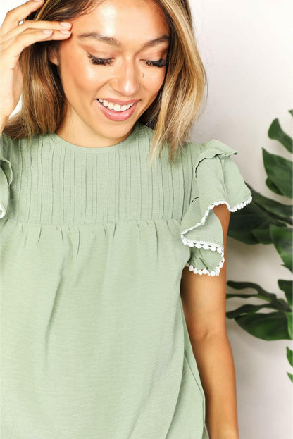 Double Take Pleated Detail Flutter Sleeve Blouse - Love Salve