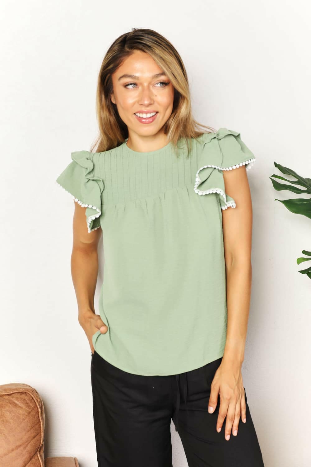 Double Take Pleated Detail Flutter Sleeve Blouse - Love Salve