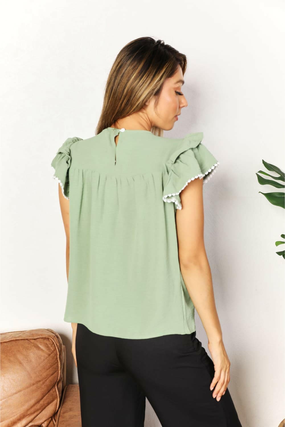 Double Take Pleated Detail Flutter Sleeve Blouse - Love Salve