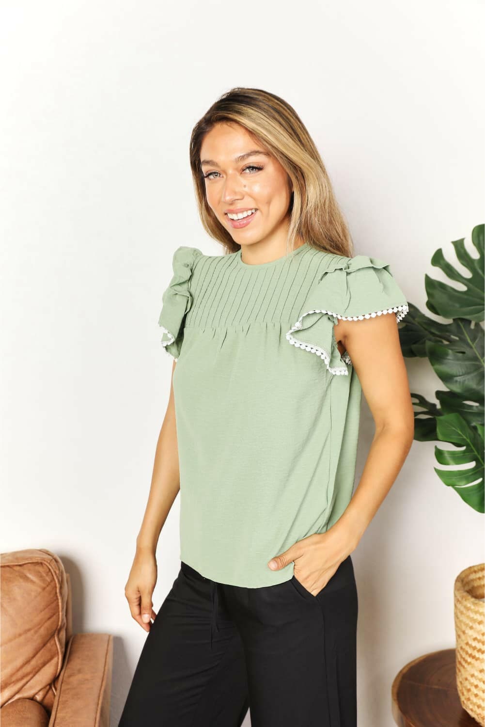 Double Take Pleated Detail Flutter Sleeve Blouse - Love Salve