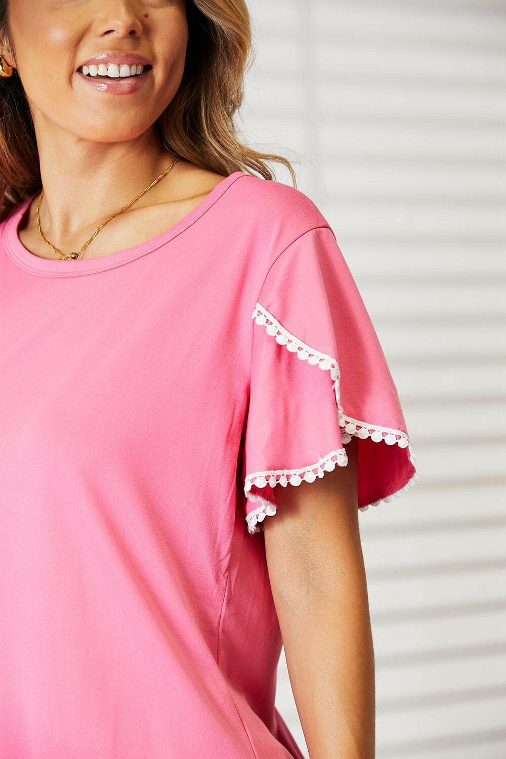 Double Take Pom-Pom Trim Flutter Sleeve Round Neck T-Shirt - Love Salve