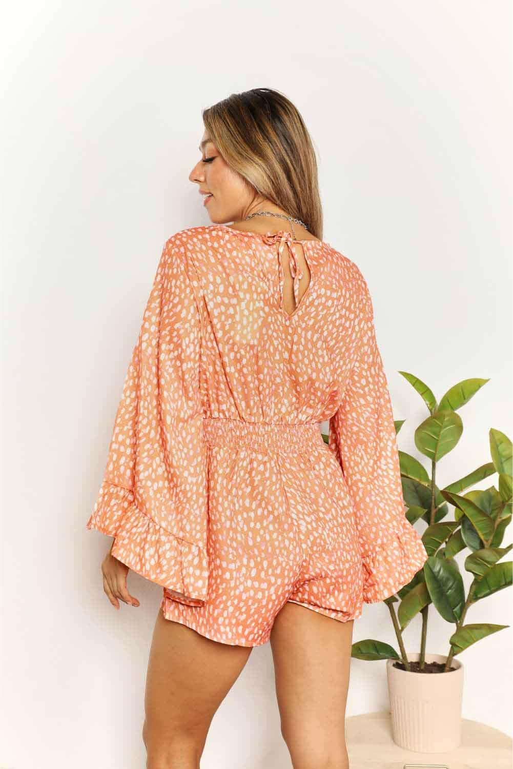 Double Take Printed Flare Sleeve Surplice Romper - Love Salve