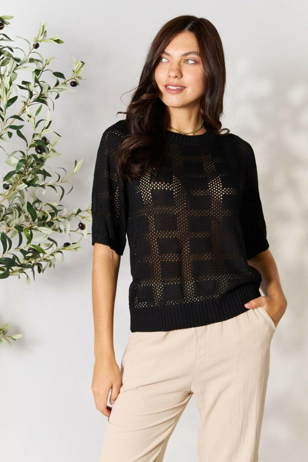 Double Take Ribbed Trim Round Neck Knit Top - Love Salve