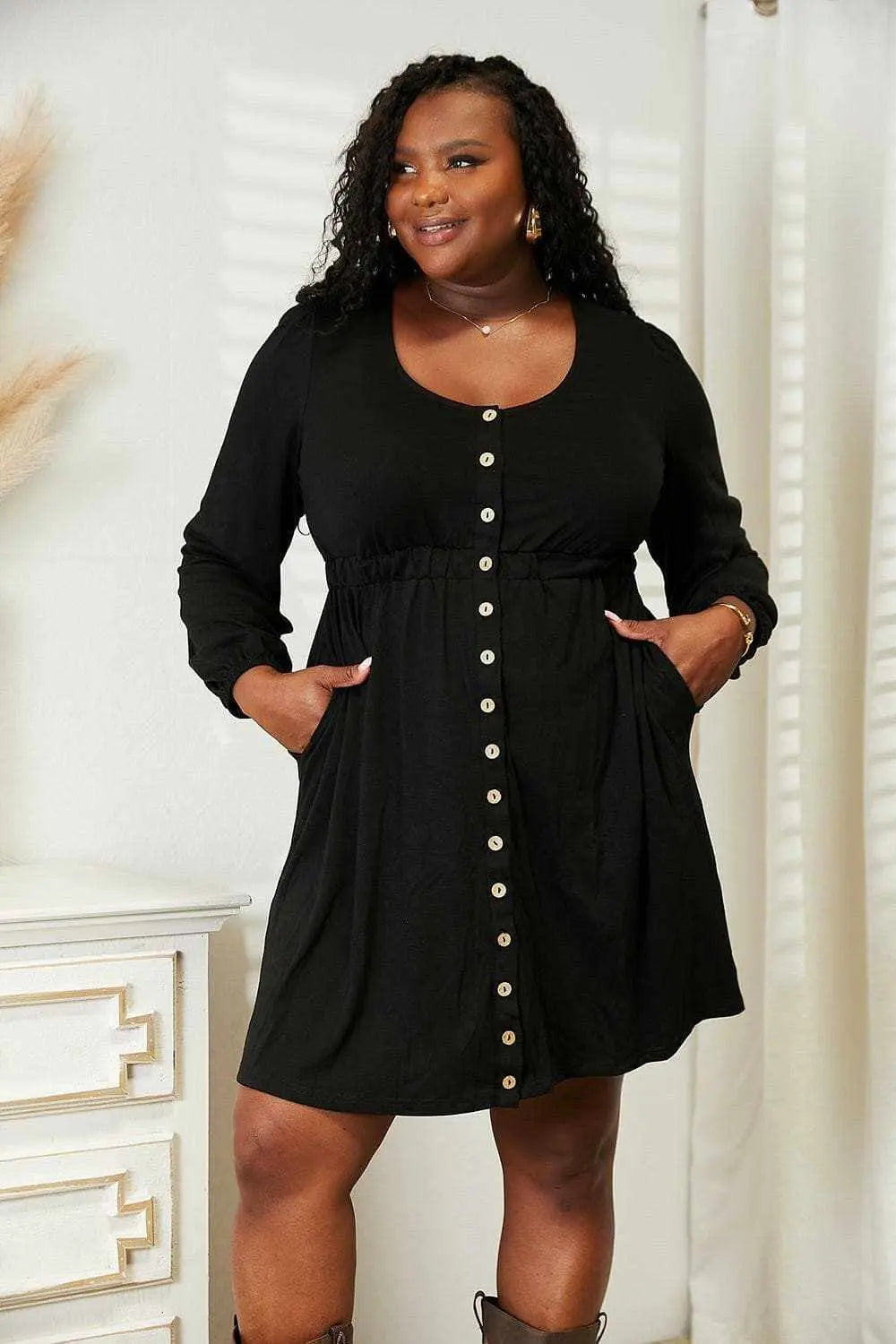 Enchanting long sleeve dress - elegant design, empire waist, pockets - Love Salve 